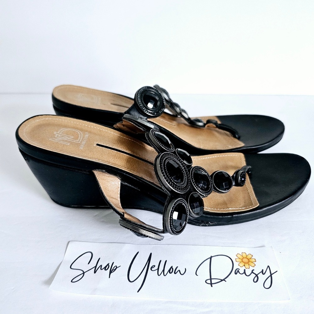 Boho Glam Black Jeweled T-Strap Wedge Sandals Size 9M Glam Summer Sparkle
